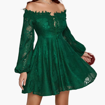 Women's Off-Shoulder Mini Dress Elegant with Lace Sleeves – Perfect for Festive Occasions or Evening Events
