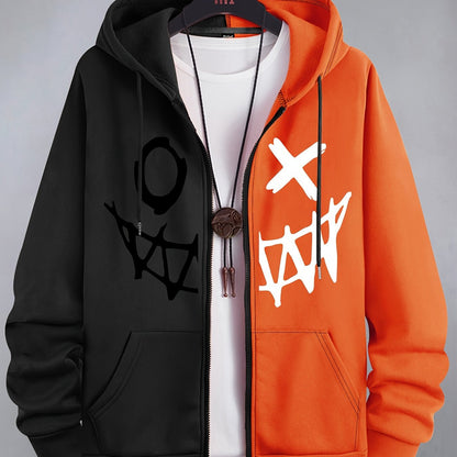 Two-piece men's hooded jacket with a zipper – Two-tone & graphic print