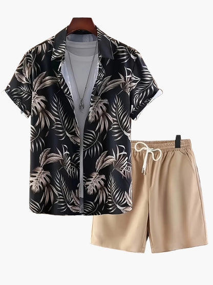 Men's Summer Set – Casual Short-Sleeve Shirt with Tropical Print and Shorts, Ideal for Vacation & Leisure
