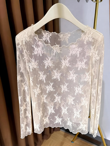 Women's long-sleeve shirt with floral embroidery and transparent design – elegant and versatile lace look for special occasions