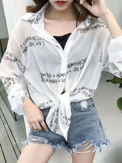 Women's blouse with newspaper print and shorts – fashionable set for leisure and everyday wear