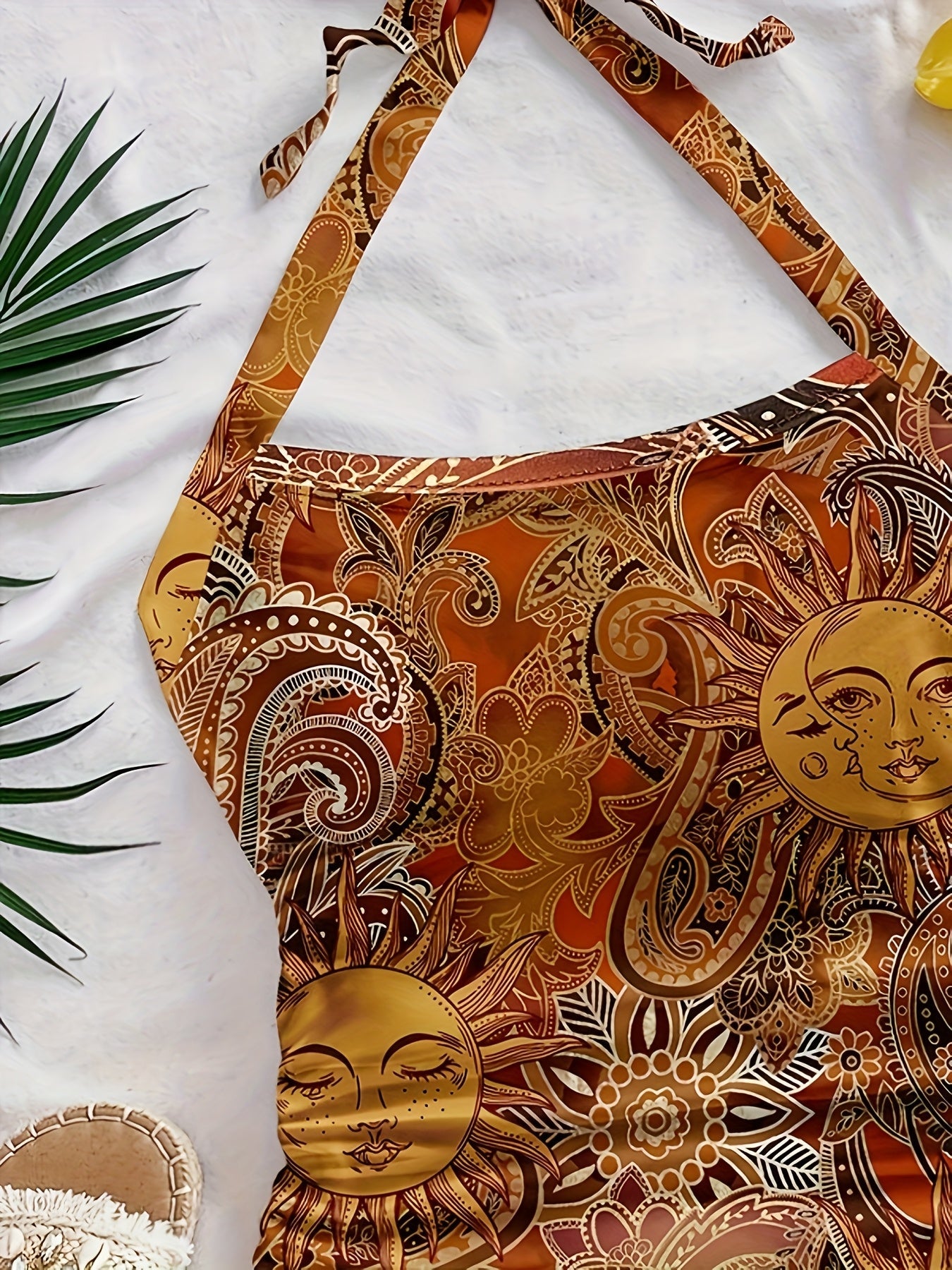 Damen Vintage Halterneck Top mit Boho-Sonnen- und Mondprint – Perfekt für Sommer & Festival
