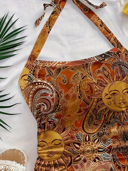 Damen Vintage Halterneck Top mit Boho-Sonnen- und Mondprint – Perfekt für Sommer & Festival