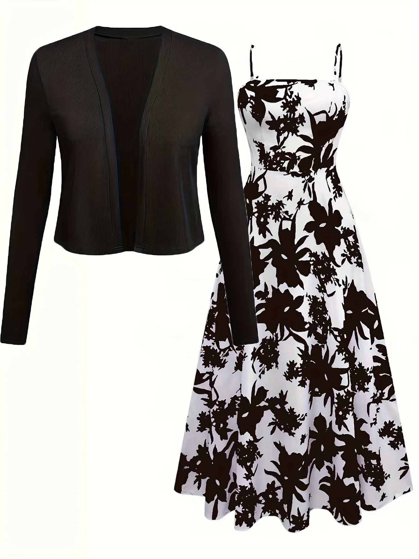 Women's Midi Dress with Floral Pattern and Cardigan Set – Elegant Casual Look for Spring and Summer