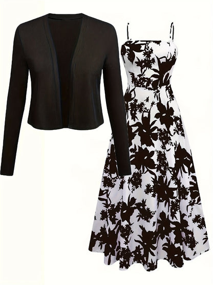 Women's Midi Dress with Floral Pattern and Cardigan Set – Elegant Casual Look for Spring and Summer