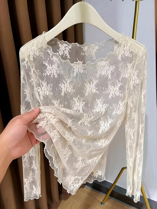 Women's long-sleeve shirt with floral embroidery and transparent design – elegant and versatile lace look for special occasions