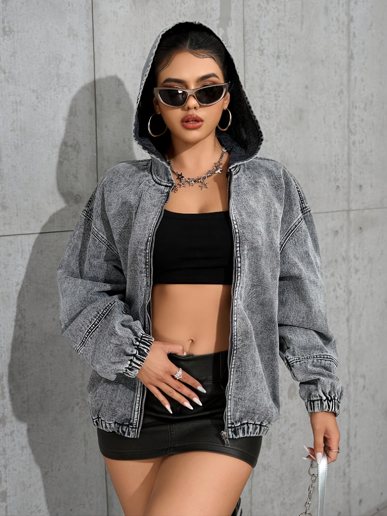 Women's denim jacket with hood and zipper, washed look, gray