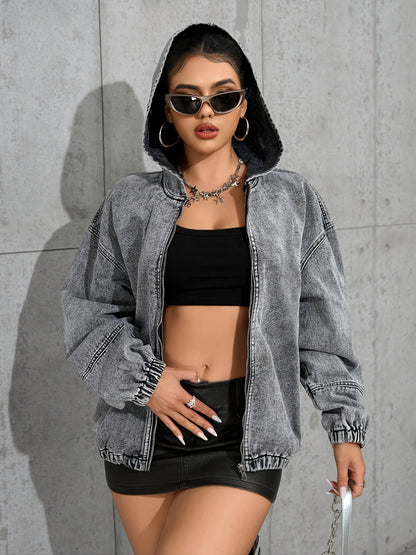 Women's denim jacket with hood and zipper, washed look, gray