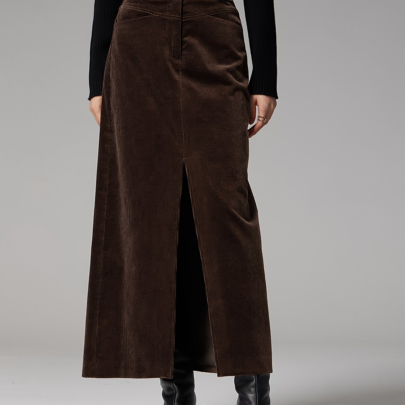 Damen Maxirock aus Kordstoff mit Schlitz Braun
