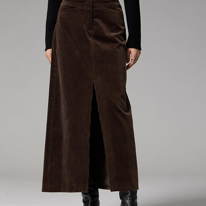 Damen Maxirock aus Kordstoff mit Schlitz Braun