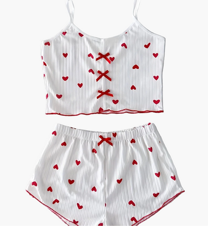 Damen Pyjama Set mit Herzchen-Muster, zweiteilig, für Sommer, sexy Stil, Schlafanzug