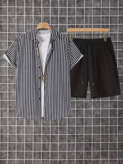 Men's Summer Set – Modern Casual Outfit with Striped Short-Sleeve Shirt and Shorts, Ideal for Vacation & Everyday Wear