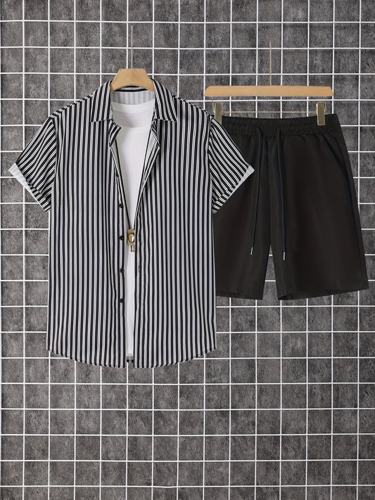Men's Summer Set – Modern Casual Outfit with Striped Short-Sleeve Shirt and Shorts, Ideal for Vacation & Everyday Wear