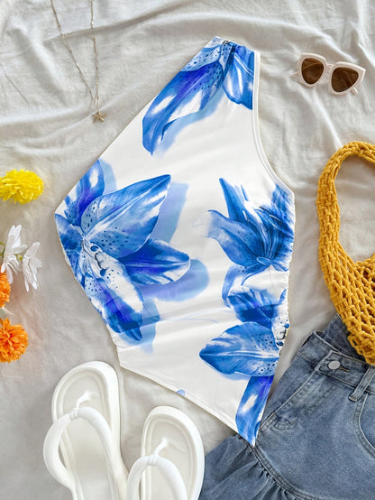 Women's One-Shoulder Swimsuit Elegant Floral Pattern for Spring & Summer