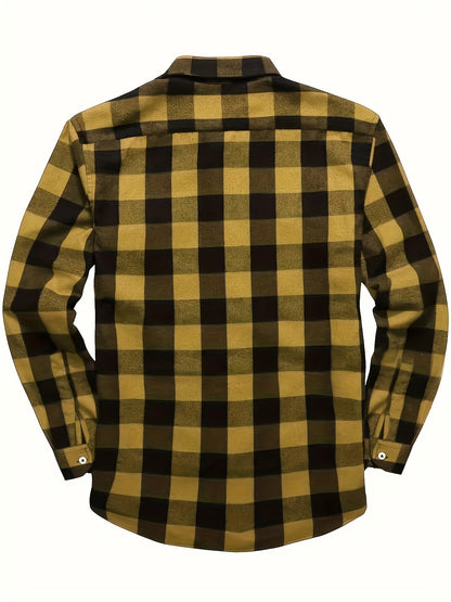 Men’s plaid long-sleeve casual shirt with chest pockets