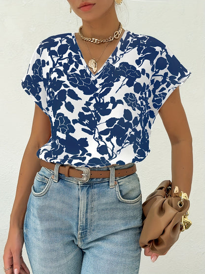 Women's Elegant Summer Blouse Shirt with Floral Pattern and V-Neck, Casual Wear