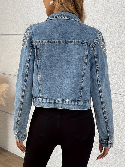 Jeansjacke Damen Hellblau mit Perlenbesatz Kurzer Schnitt
