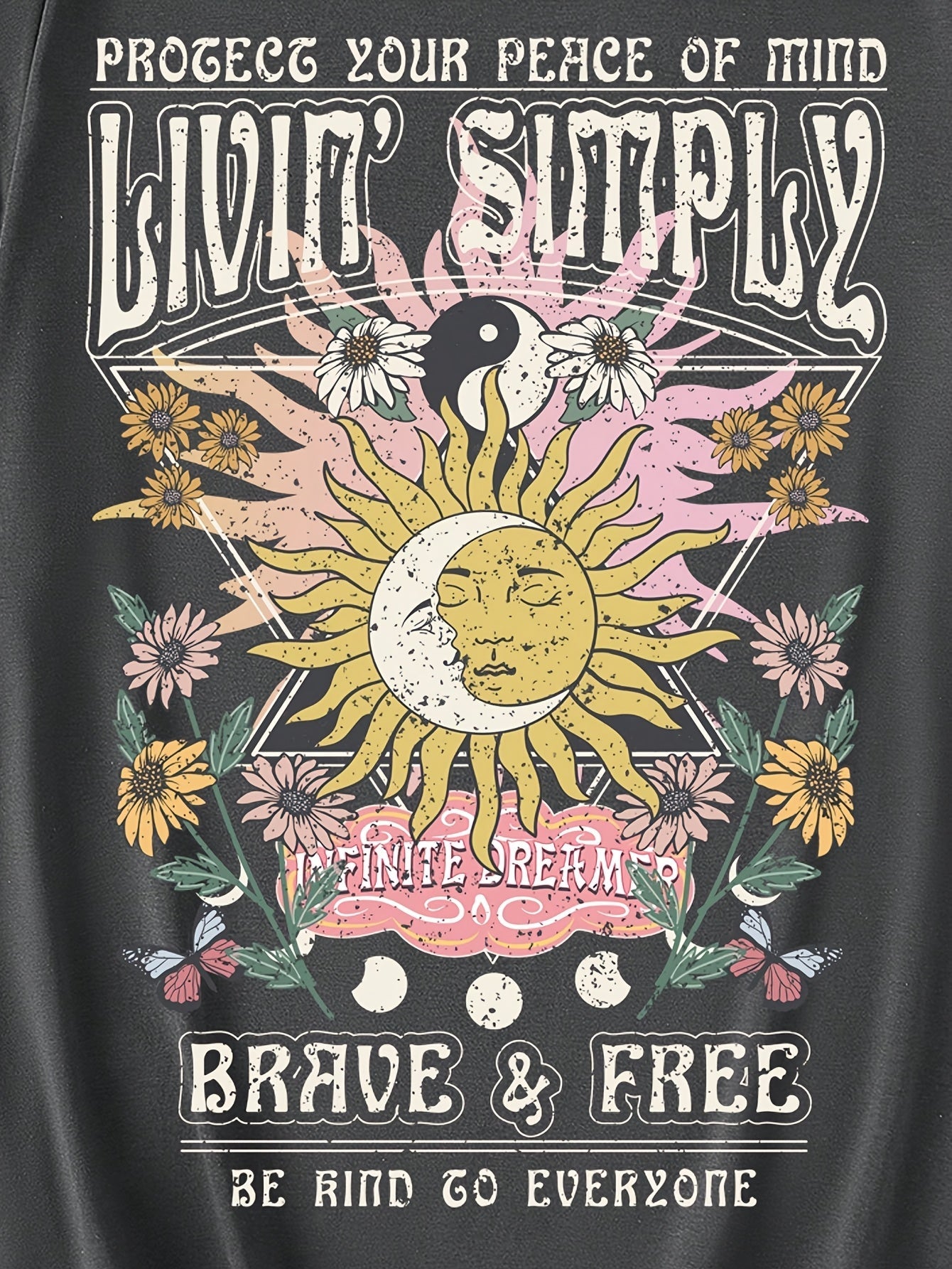 Women's T-Shirt Boho Living Simply Brave & Free with Sun Design and Inspirational Quote – Casual Summer Top