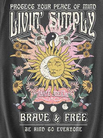 Women's T-Shirt Boho Living Simply Brave & Free with Sun Design and Inspirational Quote – Casual Summer Top