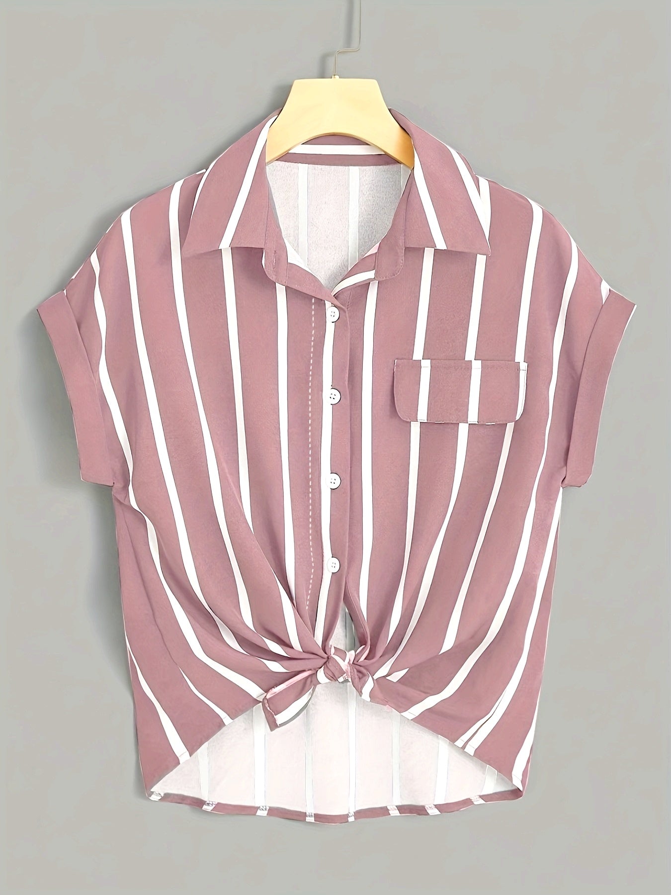 Women's Short-Sleeve Striped Blouse with Knot and Chest Pocket – Summer, Elegant, Casual