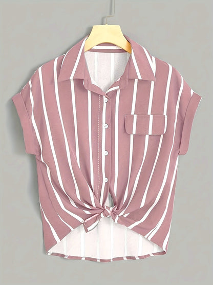 Women's Short-Sleeve Striped Blouse with Knot and Chest Pocket – Summer, Elegant, Casual