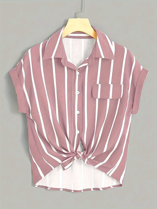 Women's Short-Sleeve Striped Blouse with Knot and Chest Pocket – Summer, Elegant, Casual