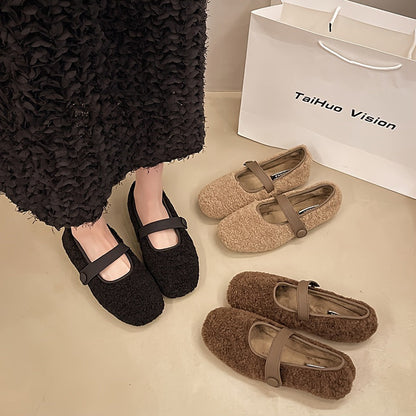 Women's Mary Jane plush-look ballet flats with strap – black, khaki, brown