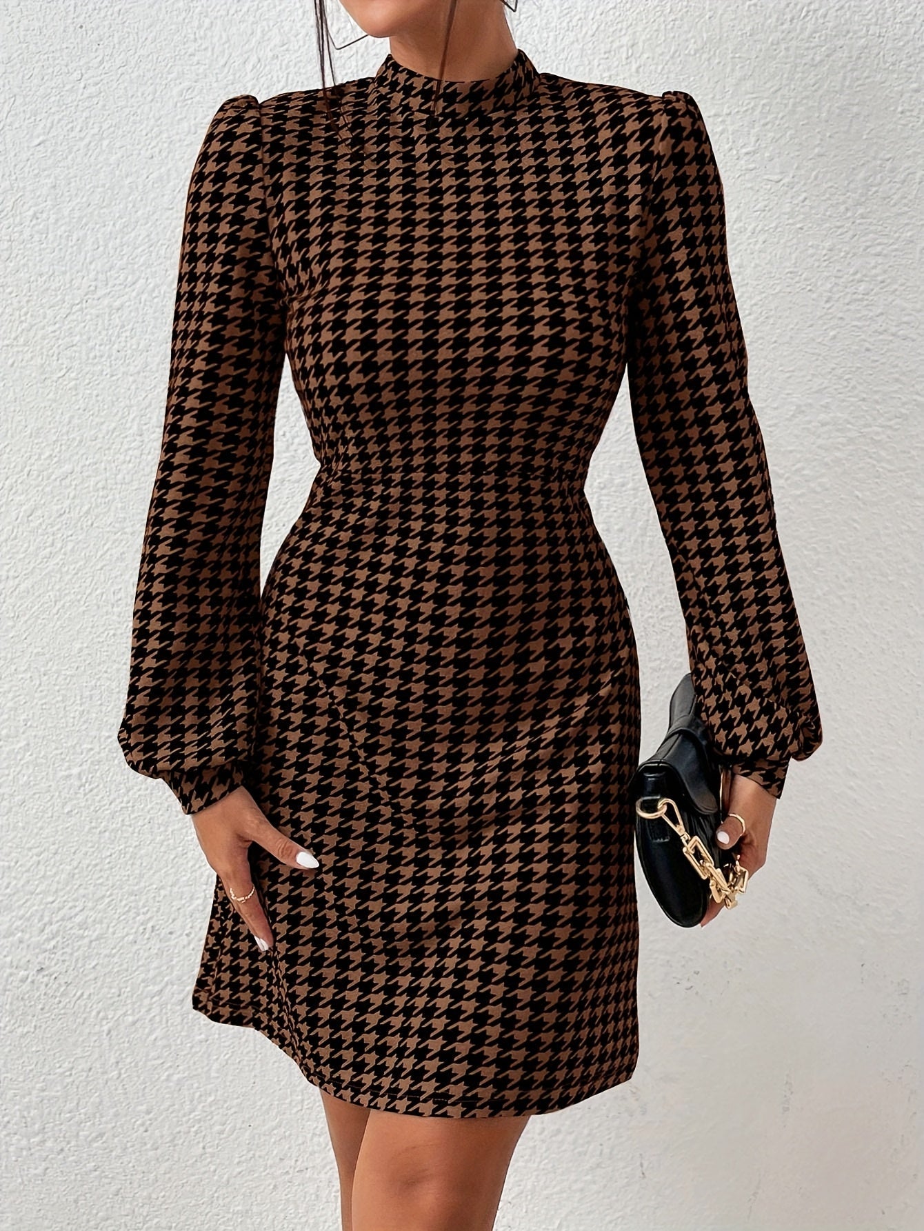 Damen Hahnentritt Kleid Schwarz Braun mit Stehkragen und Puffärmeln