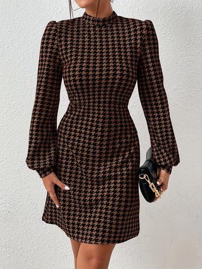 Damen Hahnentritt Kleid Schwarz Braun mit Stehkragen und Puffärmeln
