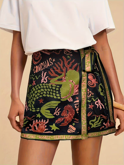 Damen Wickelrock mit Meeresmotiven und folkloristischem Print – Modischer Minirock für Sommer und Freizeit