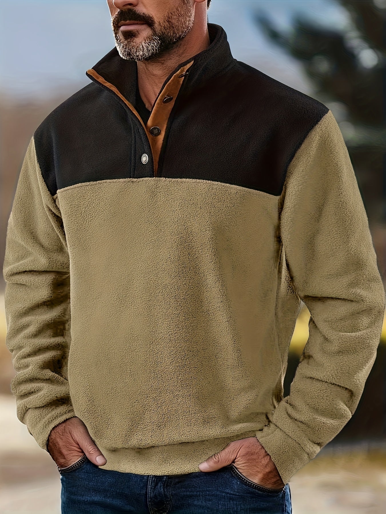 Herren Fleece-Pullover Stehkragen Knopfleiste Patchwork Outdoor