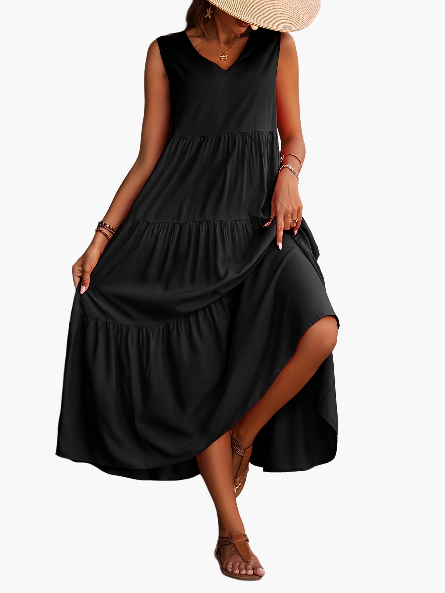 Women's Summer Maxi Dress Elegant with Tiered Skirt and V-Neck – Perfect for Leisure & Vacation