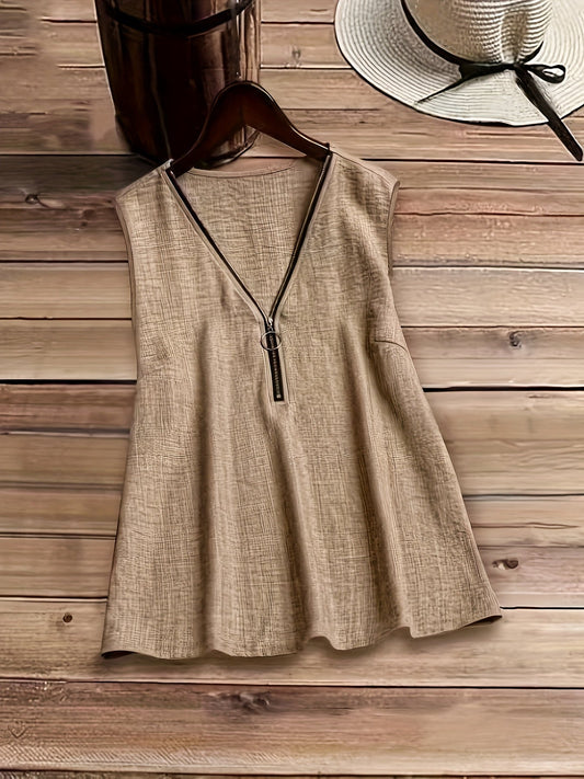 Women's sleeveless blouse with zipper and modern V-neck – Casual leisure style