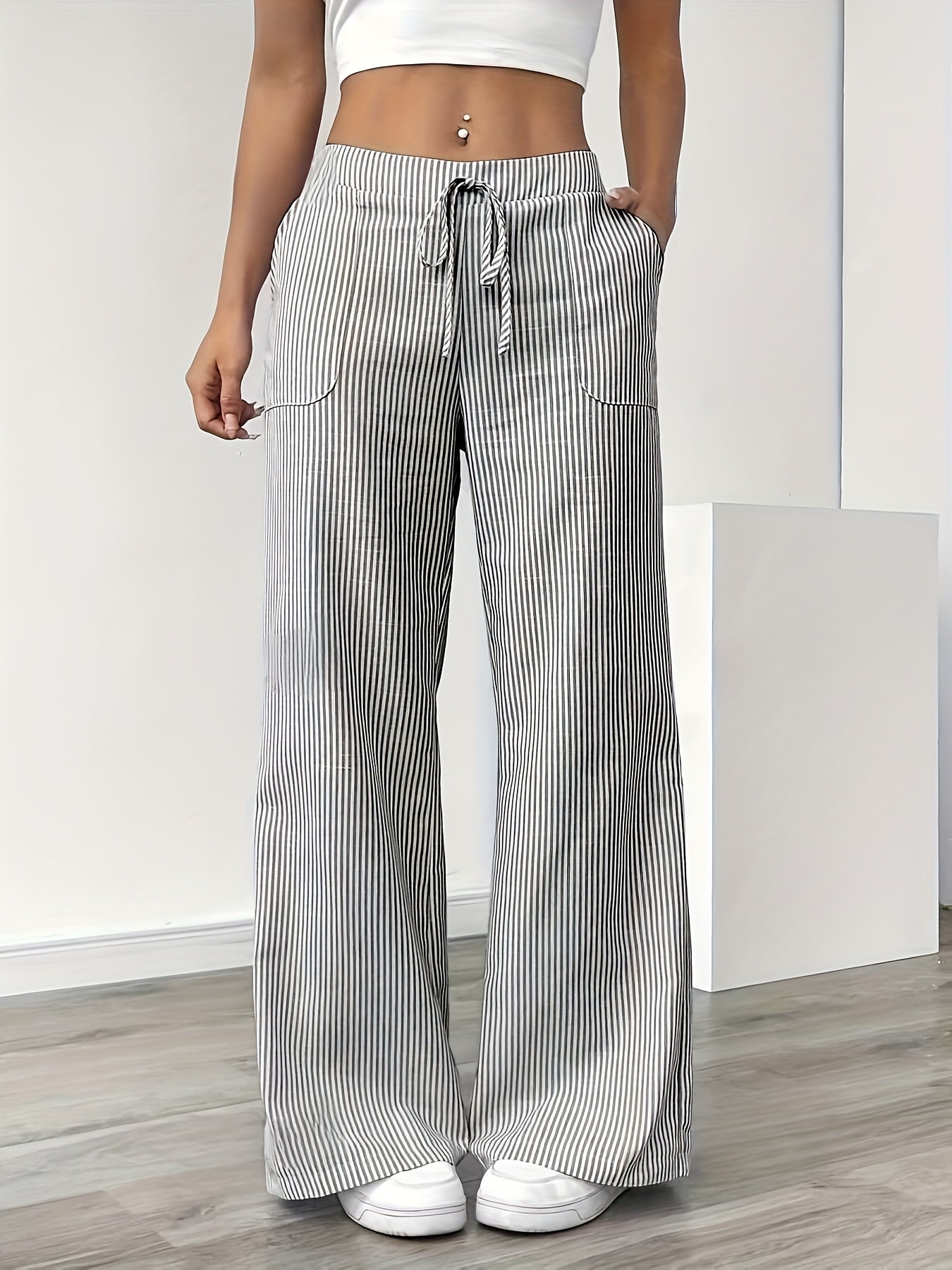 Women's Wide-Leg Casual Pants with Stripes and Drawstring – Relaxed Streetwear for Everyday and Weekend