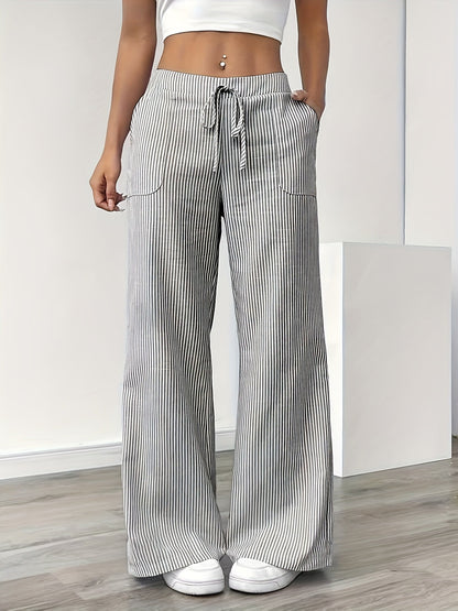 Women's Wide-Leg Casual Pants with Stripes and Drawstring – Relaxed Streetwear for Everyday and Weekend