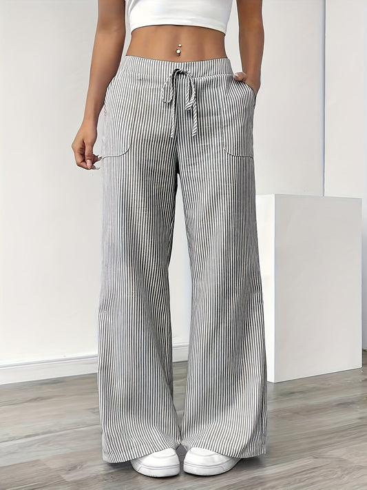 Women's Wide-Leg Casual Pants with Stripes and Drawstring – Relaxed Streetwear for Everyday and Weekend