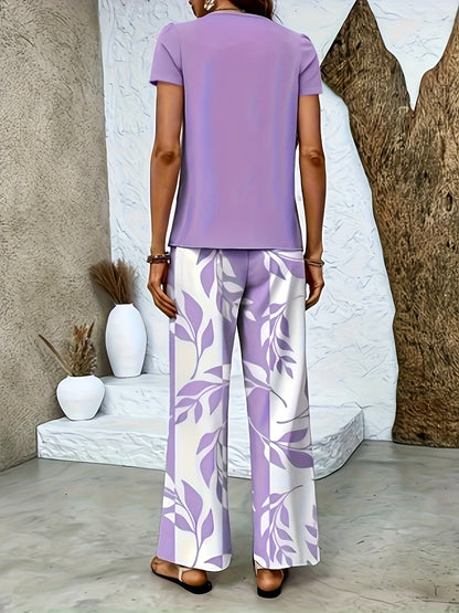 Women's Elegant Two-Piece Set with Short-Sleeve Shirt and Wide-Leg Pants, Floral, Perfect for Everyday and Vacation