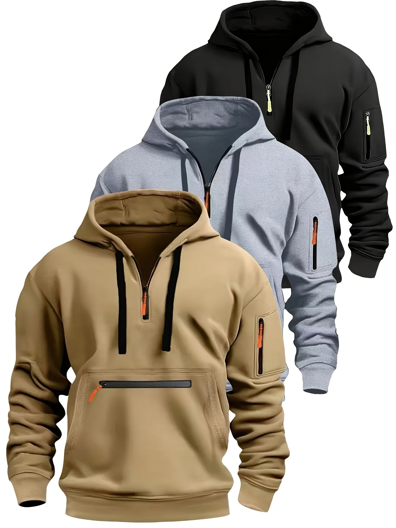 Men's hoodie with zipper and kangaroo pocket, drawstring, long sleeves