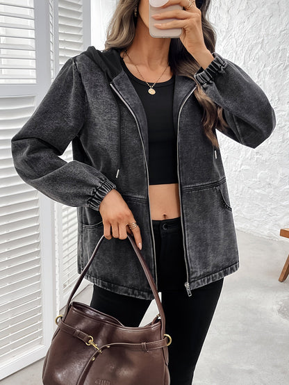 Damen Jacke mit Kapuze und Reißverschluss, Washed-Effekt Grau, Elastische Ärmelbündchen
