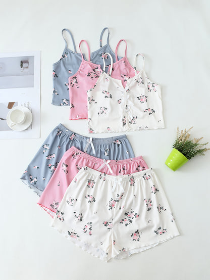 Women's Two-Piece Pajama Set with Floral Print – Short Sleepwear Set for Spring and Summer, Sexy Style