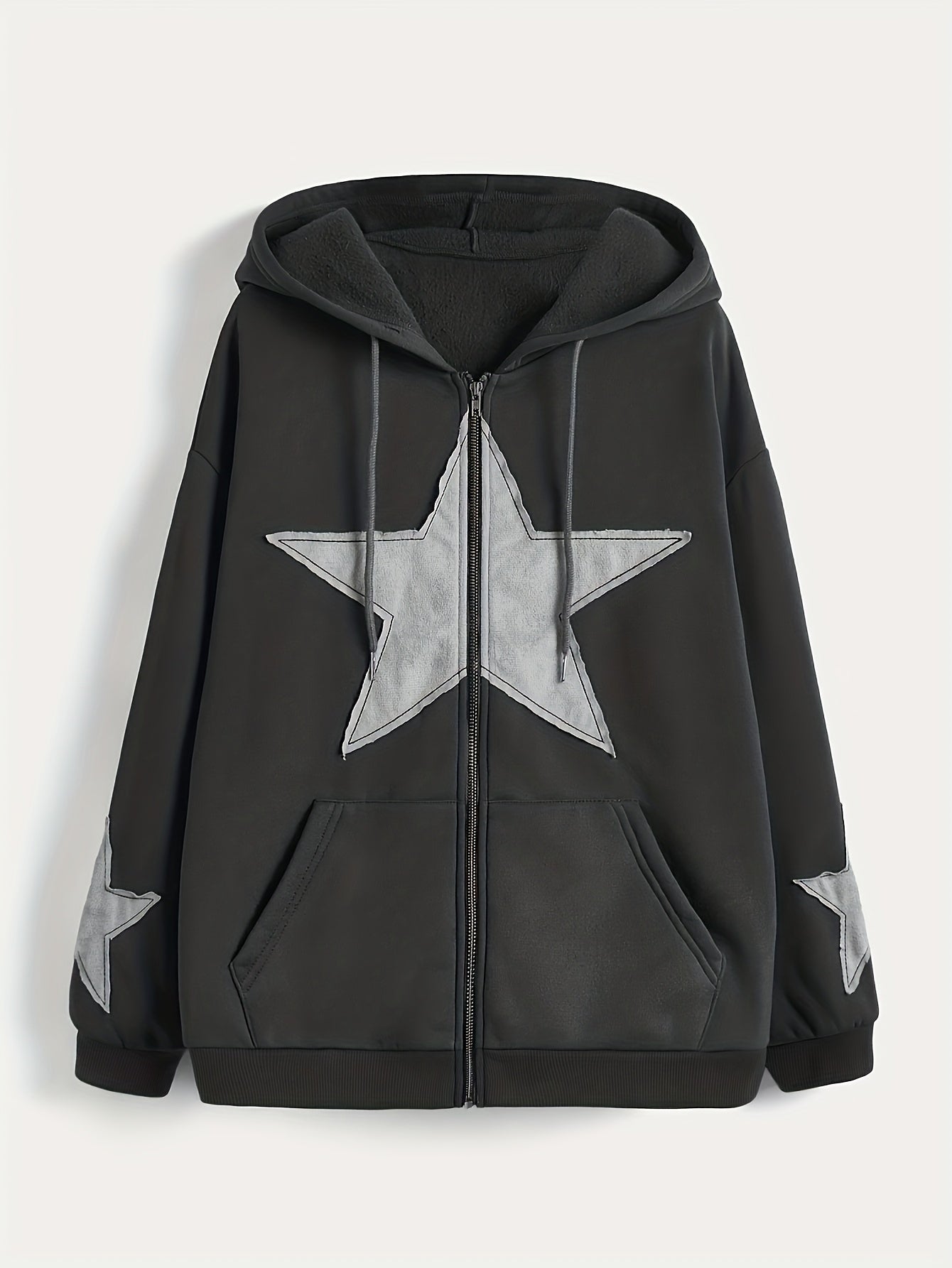 Unisex Kapuzenjacke mit Reißverschluss, Oversize, Stern-Applikationen, Kordelzug, Kängurutaschen
