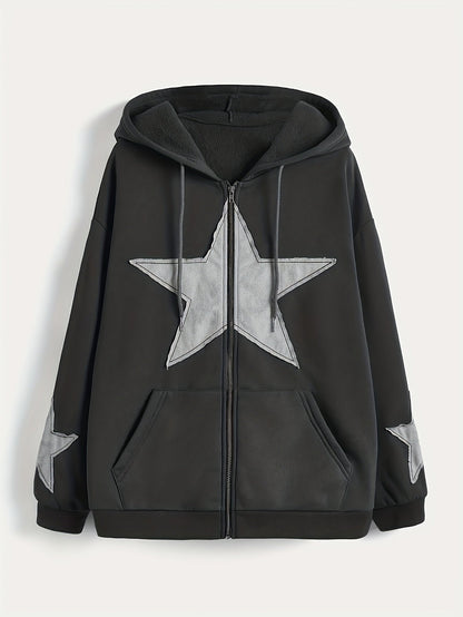 Unisex Kapuzenjacke mit Reißverschluss, Oversize, Stern-Applikationen, Kordelzug, Kängurutaschen