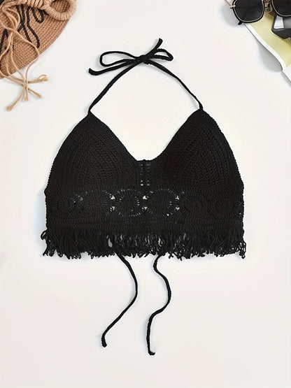 Women's Boho Crochet Bralette Halter Top with Fringe – Festival & Summer Beachwear