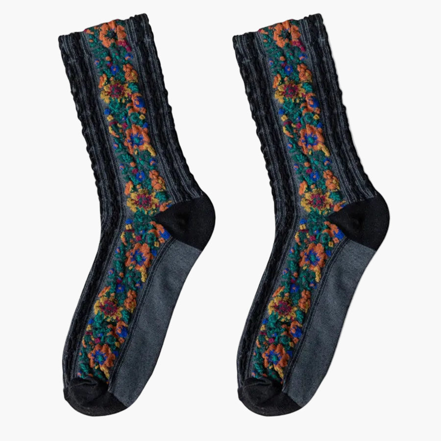 Women's Vintage Socks with Floral Embroidery – Elegant Jacquard Socks in Retro Style, Pack of 5