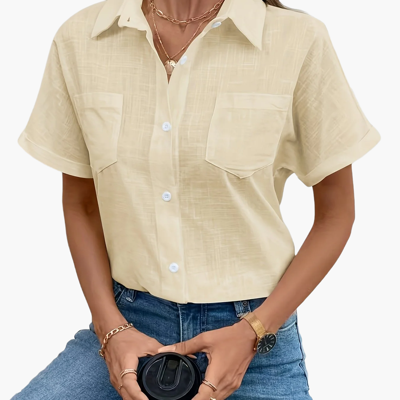 Women's Short-Sleeve Blouse with Bird Print and Chest Pocket – Fashionable Casual Shirt