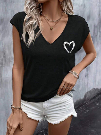 Women's T-shirt with Heart Print and V-Neck – Casual Summer Top for Leisure and Vacation