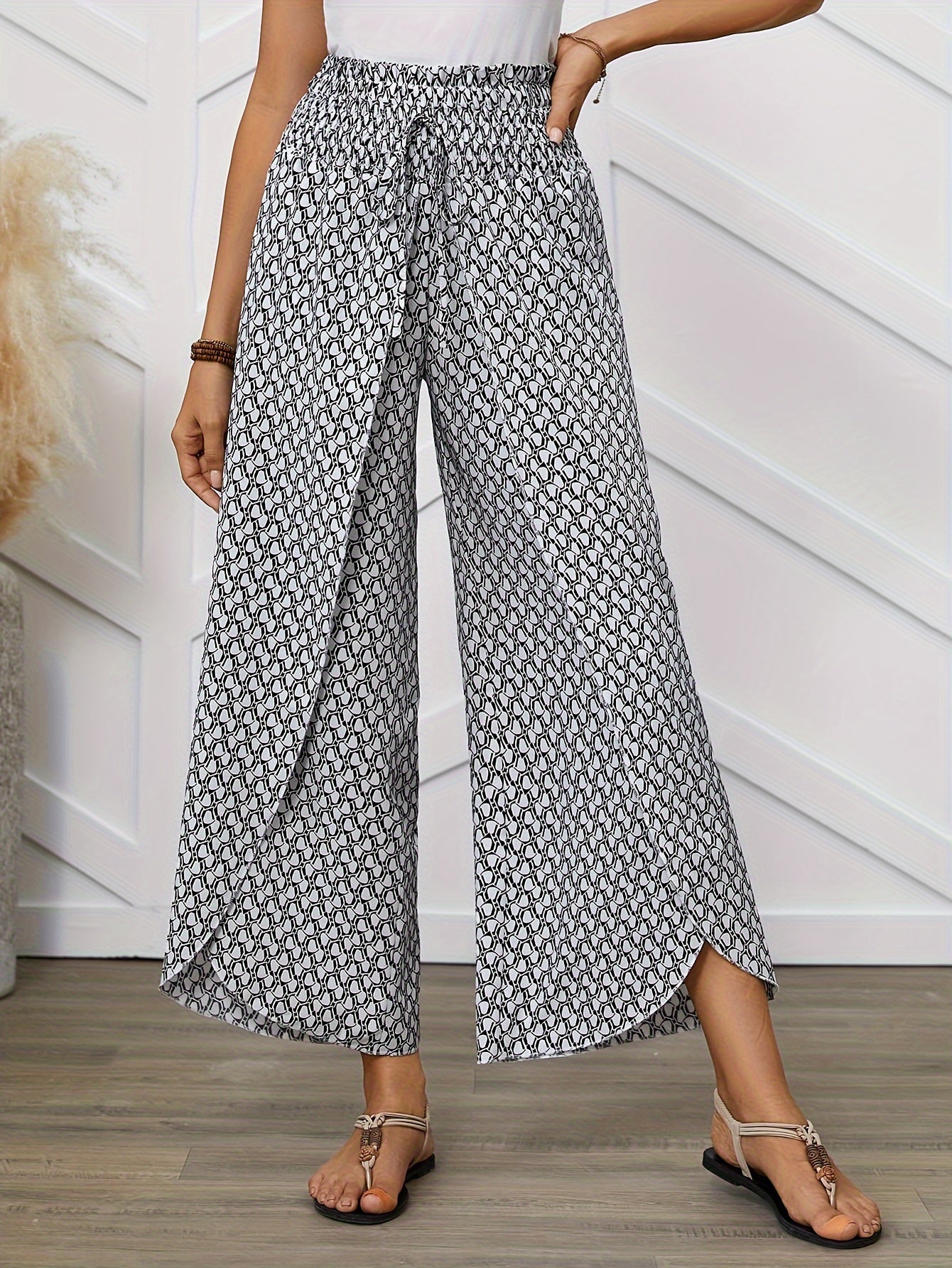 Women's Elegant Wide-Leg Wrap Pants with Geometric Pattern for Spring and Summer