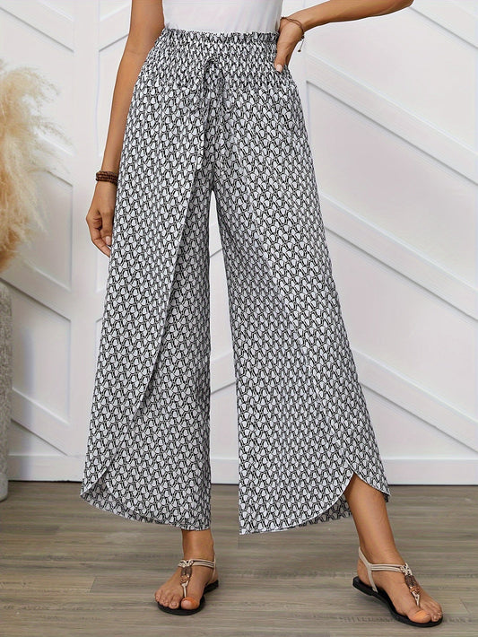Women's Elegant Wide-Leg Wrap Pants with Geometric Pattern for Spring and Summer