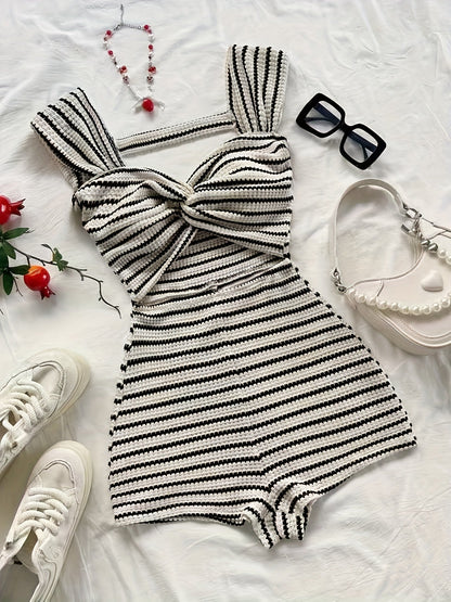 Women's One-Piece Knit Jumpsuit with Stripes and Twist Front – Fashionable Summer Jumpsuit