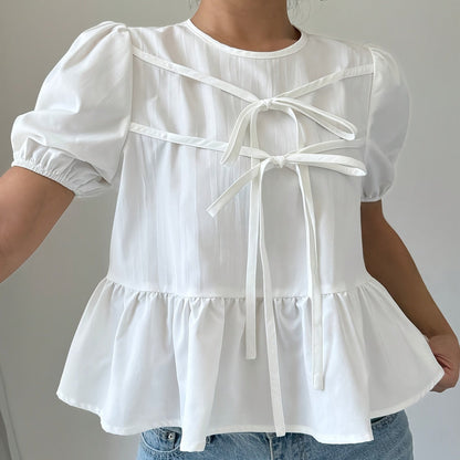 Women's Peplum Blouse with Puff Sleeves and Bows – Romantic Vintage Look for Leisure & Everyday Wear